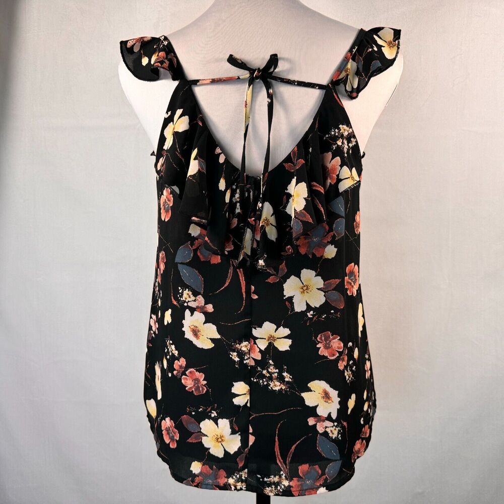Maurices Floral Tank Sz S Black Peach Yellow Ruffled neck spaghetti straps - Picture 5 of 9